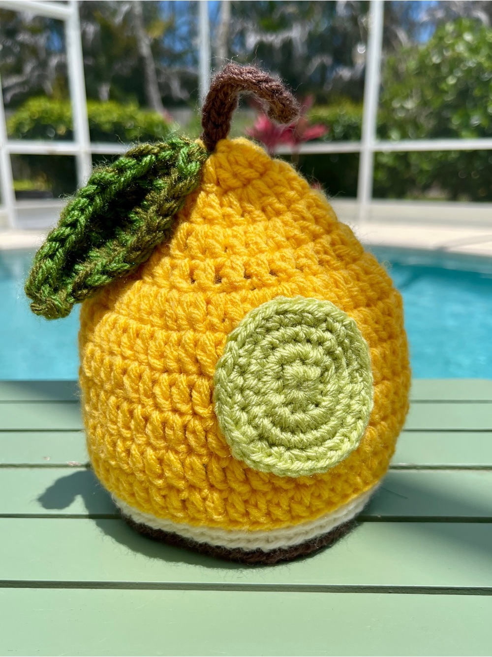 Handmade Yellow Crochet Pear Baby Hat with Leaf Accent - Picture 3 of 6